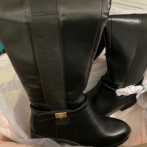 Over the knee, NIB, Black faux Leather boots. 9.5 Just Fab. Zip. 1 1/2” heel.